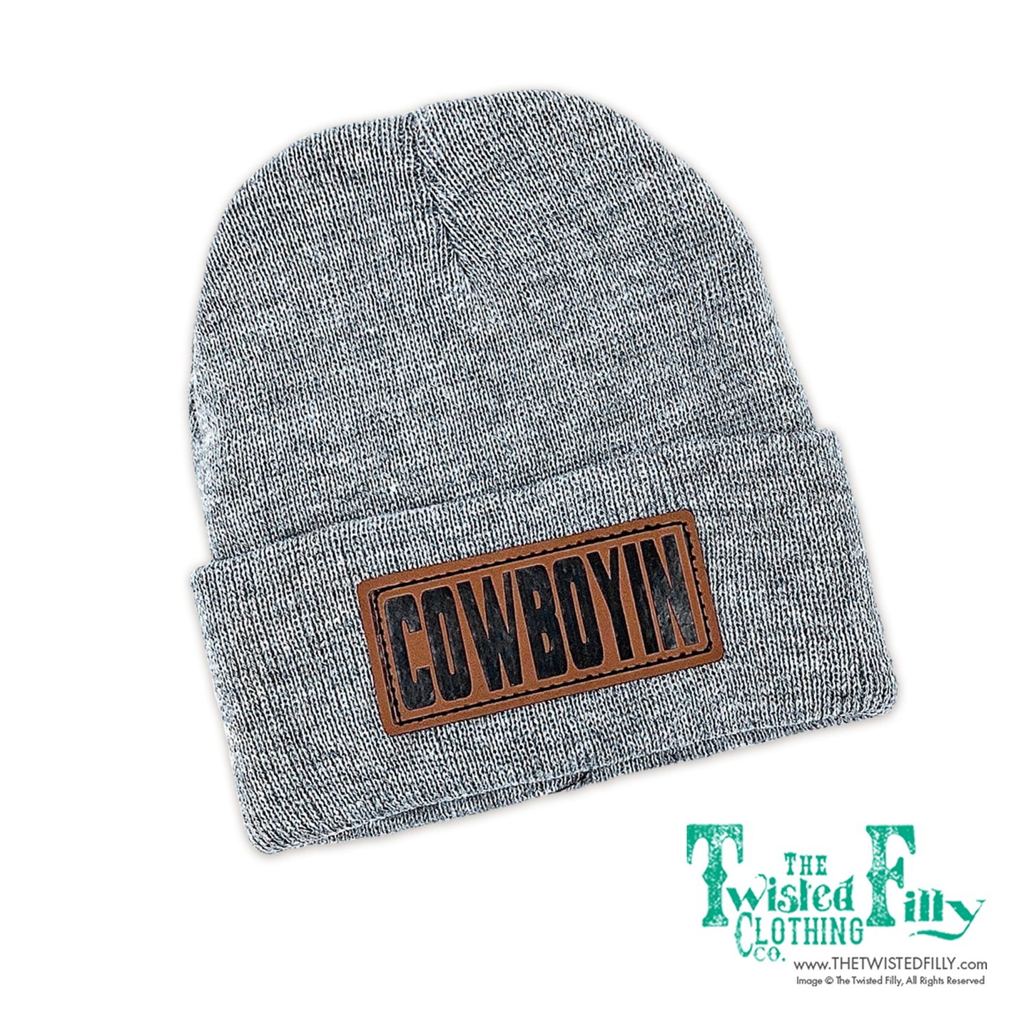 Cowboyin' Leather Patch Beanie -  Heather Gray