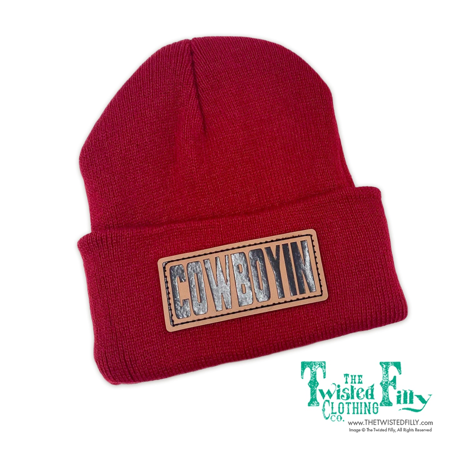 Cowboyin' Leather Patch Beanie - Crimson