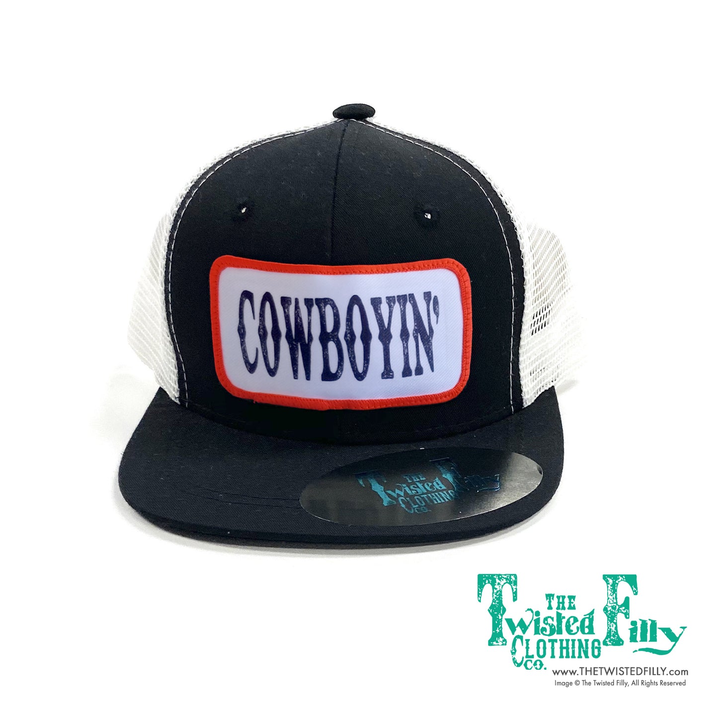 #Cowboyin - Infant / Toddler Trucker Hat - Blk/Wht Neon Orange