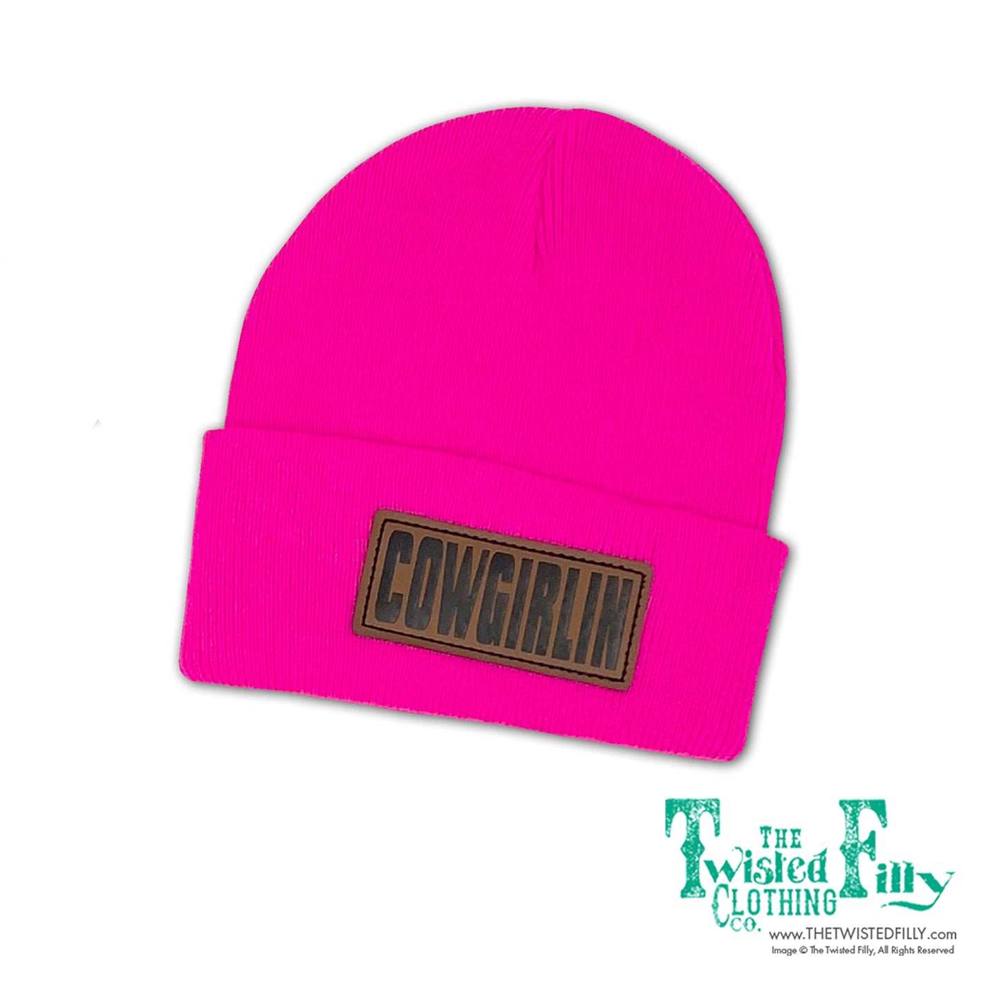 Cowgirlin' Leather Patch Beanie -  Neon Pink