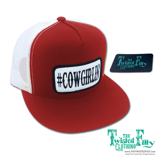 #Cowgirlin - Youth/Adult Trucker Hat - Red & White
