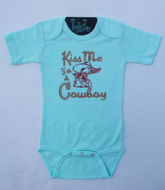 Kiss Me I'm A Cowboy - S/S Infant One Piece - Turquoise