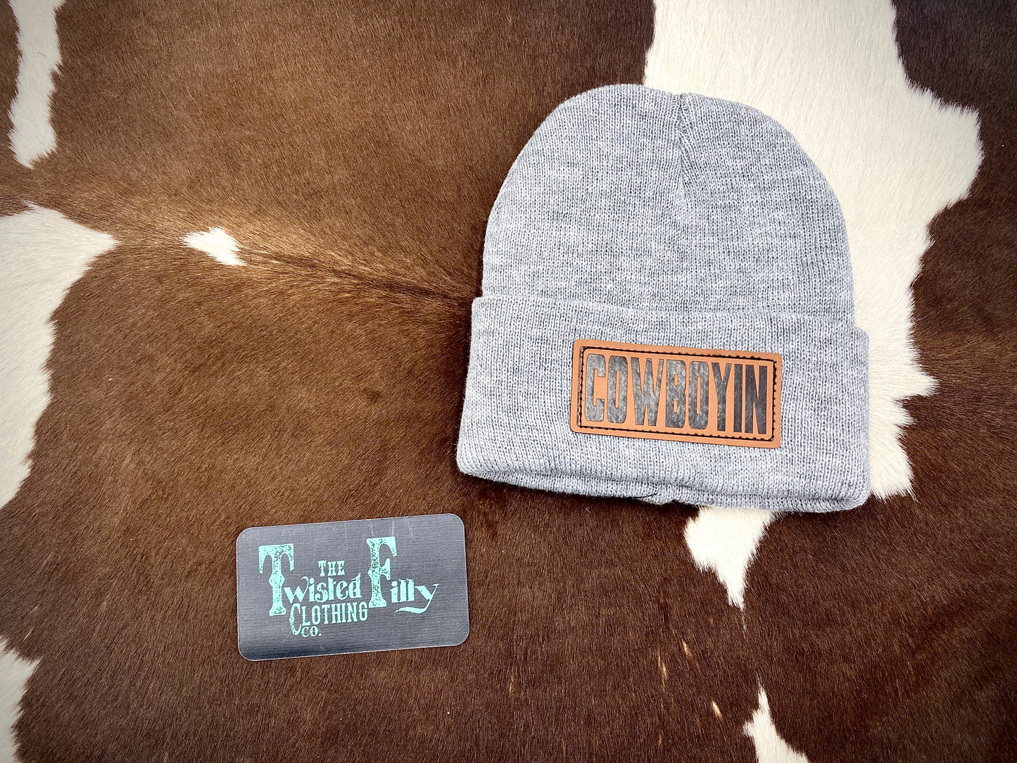 Cowboyin' Leather Patch Beanie -  Heather Gray