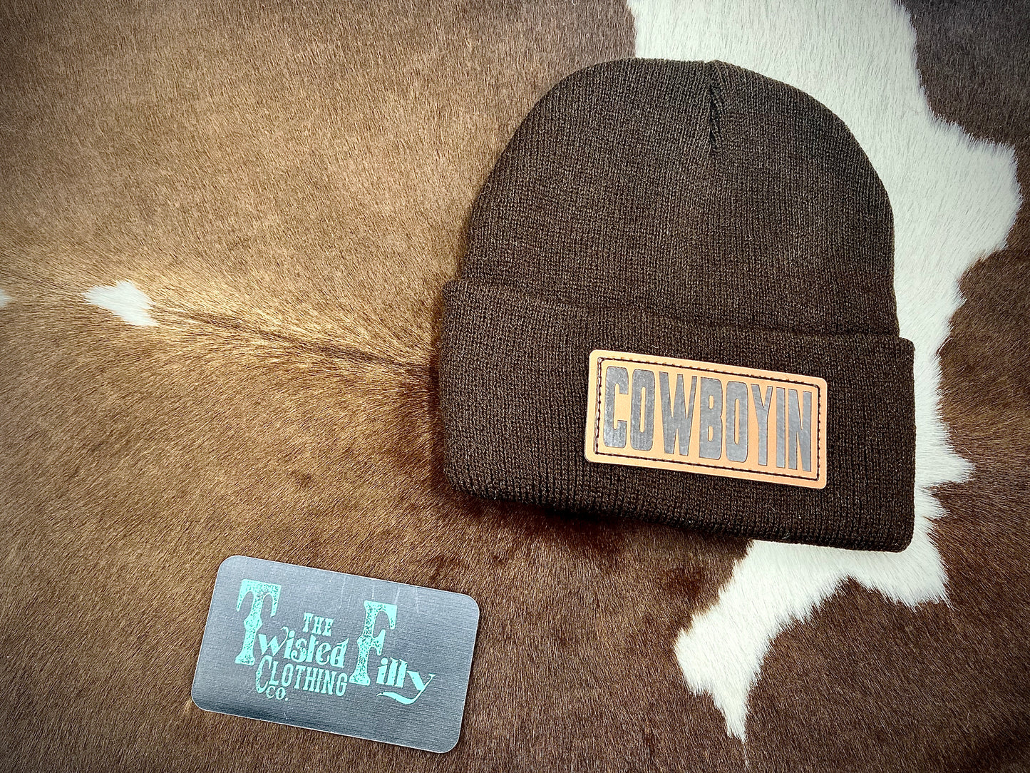 Cowboyin' Leather Patch Beanie - Brown