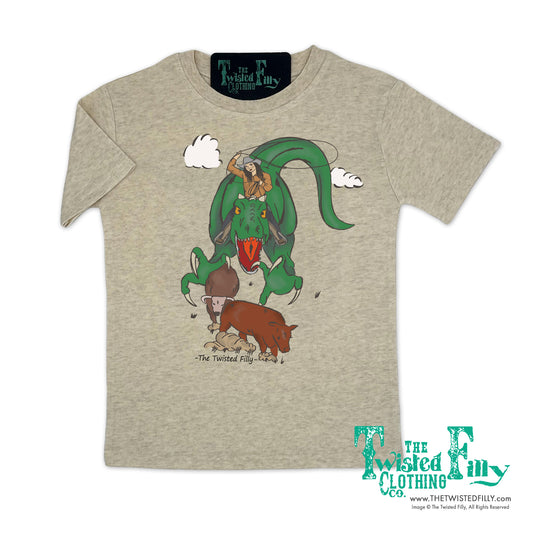 Ropin' Rexy Dinosaur Cowgirl - S/S Youth Tee - Oatmeal
