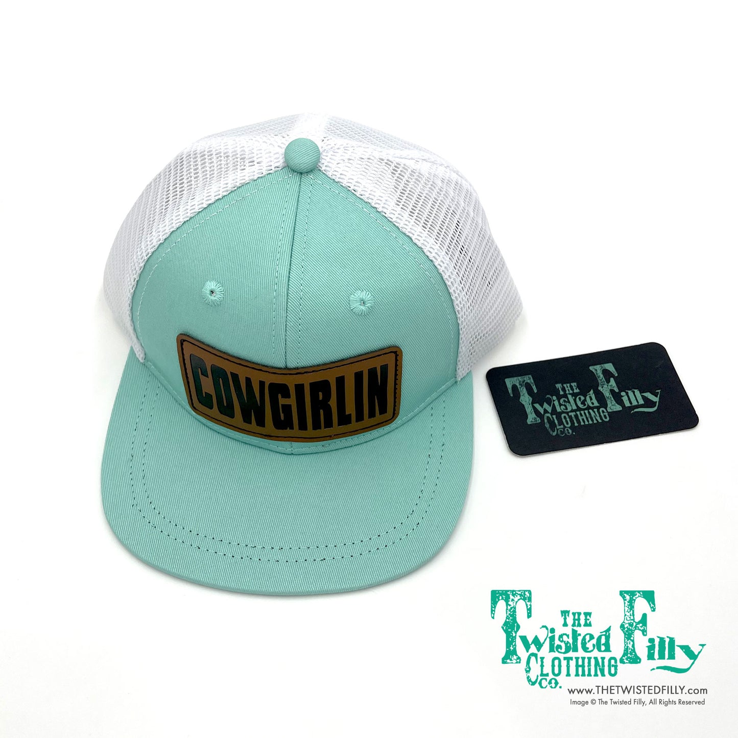 Cowgirlin Leather Patch - Infant / Toddler Trucker Hat - Turquoise/White