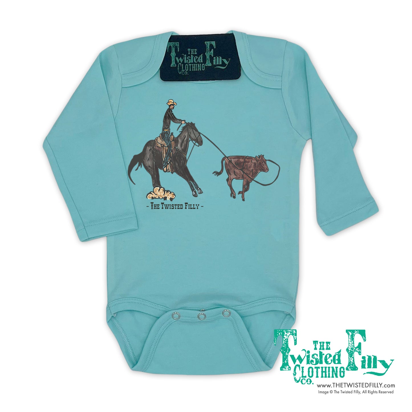 End Of The Line Calf Roper - L/S Infant One Piece - Turquoise