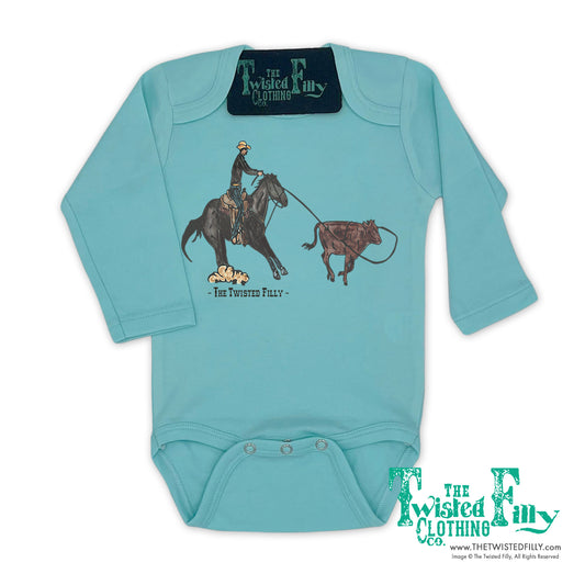 End Of The Line Calf Roper - L/S Infant One Piece - Turquoise