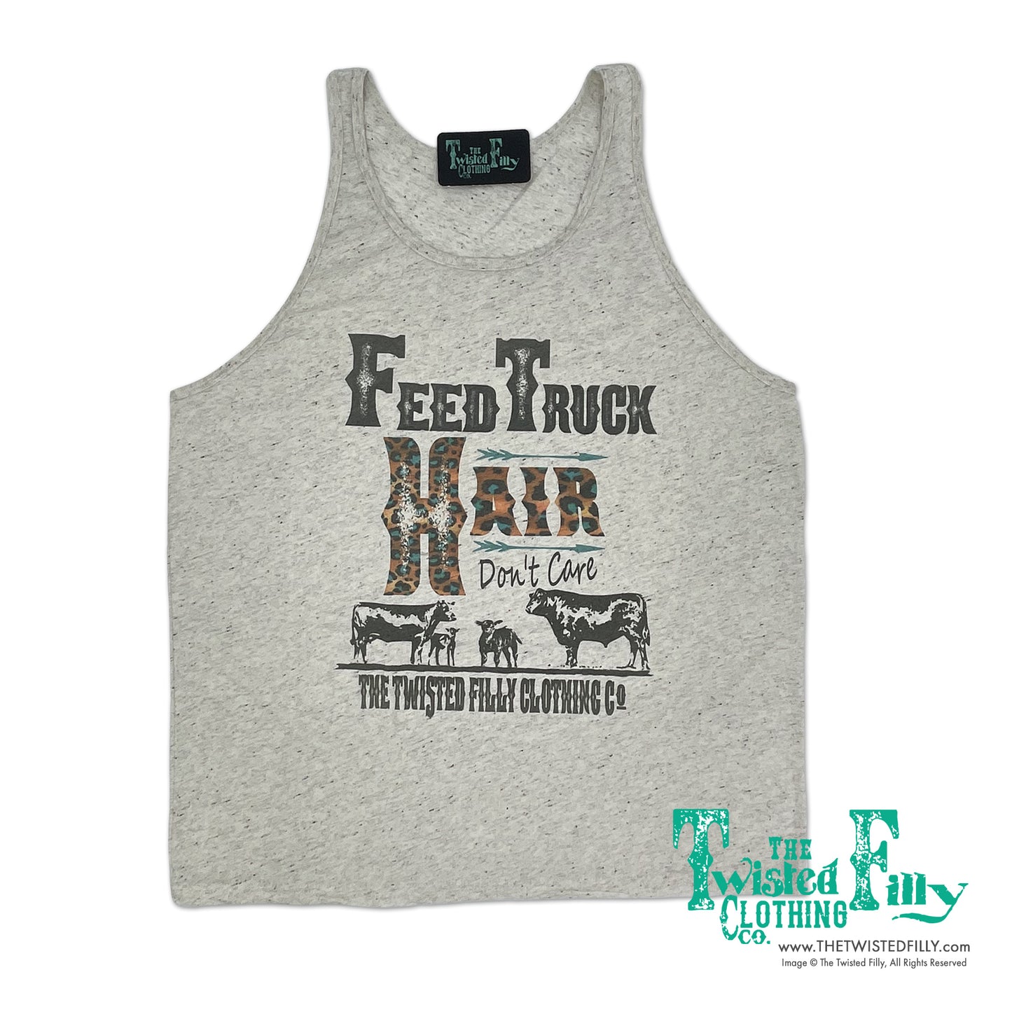 Feed Truck Hair Don't Care - Adult - V-Neck S/S Tee, or Racerback Tank - Oatmeal