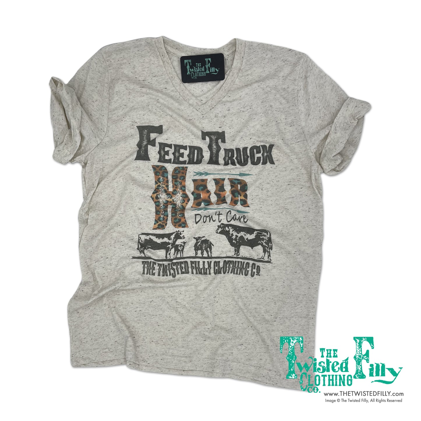 Feed Truck Hair Don't Care - Adult - V-Neck S/S Tee, or Racerback Tank - Oatmeal