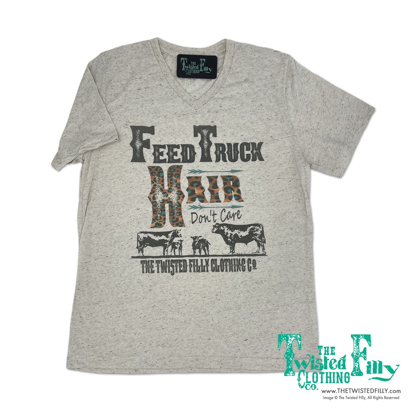 Feed Truck Hair Don't Care - Adult - V-Neck S/S Tee, or Racerback Tank - Oatmeal