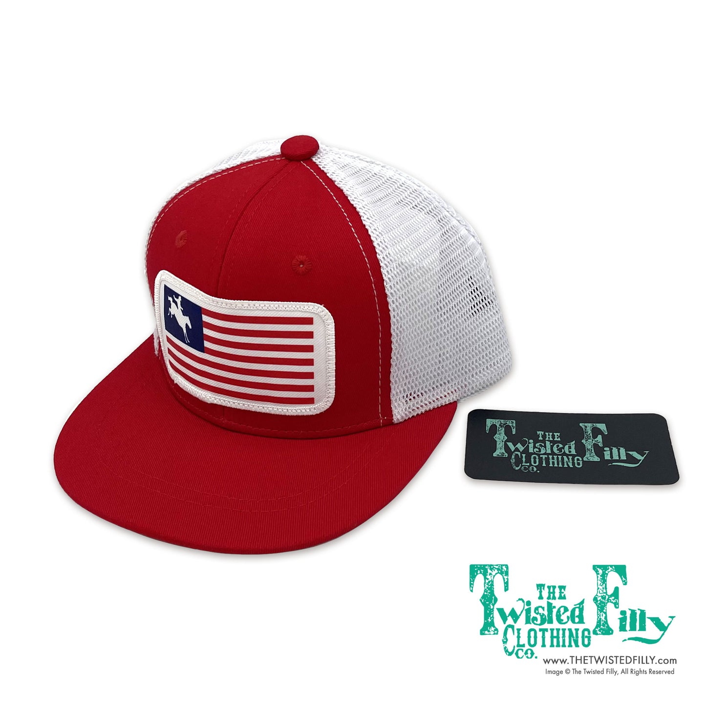 Flag Bronc Rider - Youth/Adult Trucker Hat- Red & White