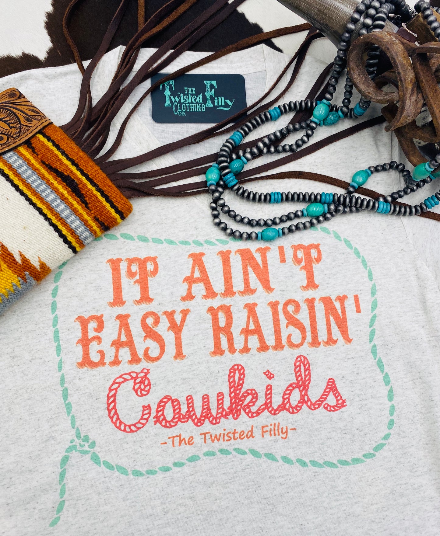 It Ain't Easy Raisin' Cowkids - S/S Adult V-Neck Tee - Oatmeal