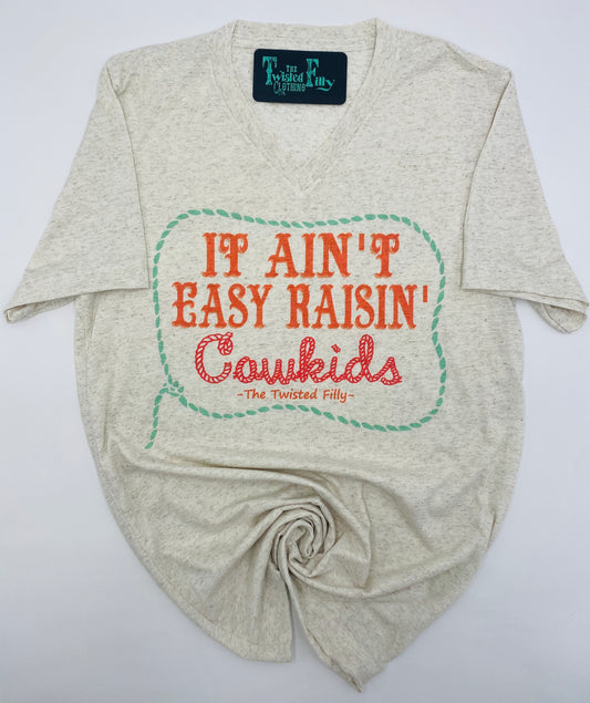 It Ain't Easy Raisin' Cowkids - S/S Adult V-Neck Tee - Oatmeal