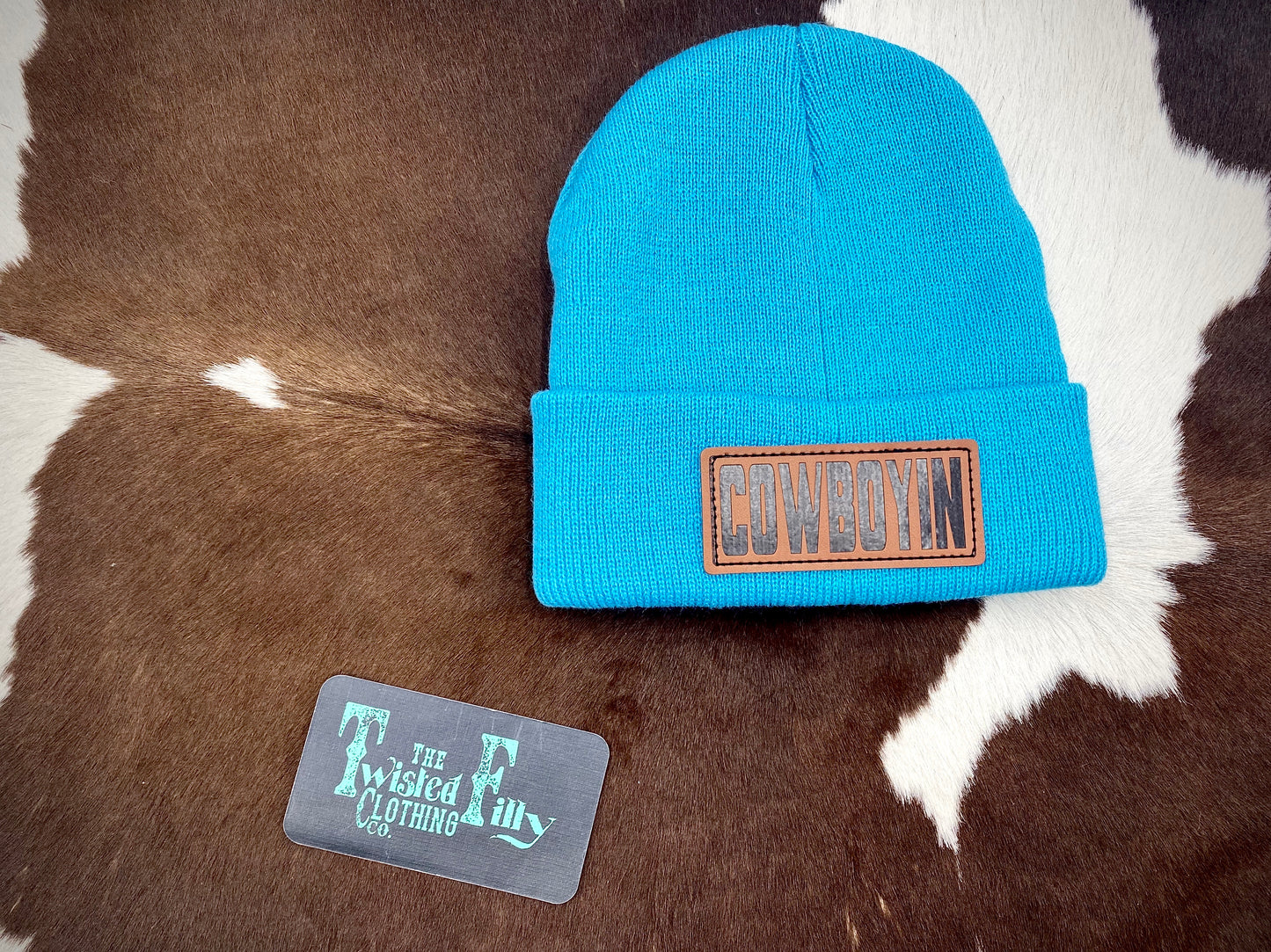 Cowboyin' Leather Patch Beanie - Turquoise