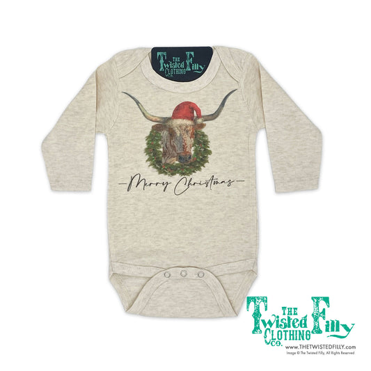 Merry Christmas Longhorn - L/S Infant One Piece - Oatmeal