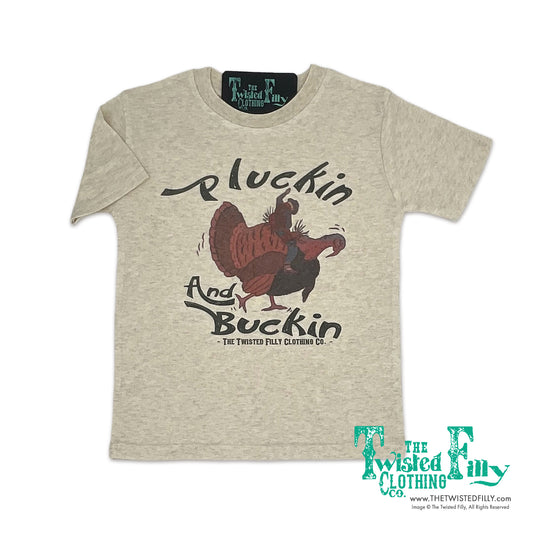 Pluckin and Buckin Turkey Bronc Cowboy - S/S Adult Mens Tee - Oatmeal